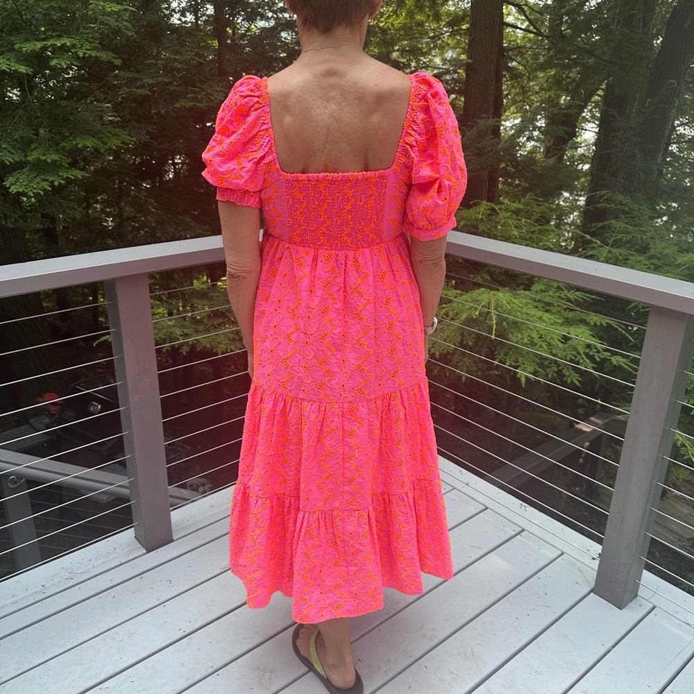 Lilly Pulitzer Bright Pink Midi Dress with Puff Sleeves